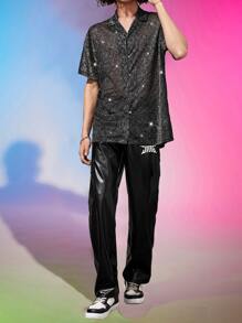 Manfinity Men Glitter Button Front Shirt - Black - View 3