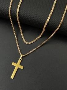 HOTNICE 2入組/套男士十字架吊飾項鍊龐克嘻哈風格,適用於首飾類禮品和派對 - 金黃色 - 查看 1