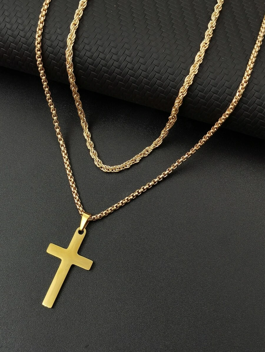 HOTNICE 2入組/套男士十字架吊飾項鍊龐克嘻哈風格,適用於首飾類禮品和派對 - 金黃色 - 查看 1