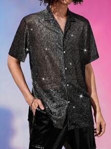 Manfinity Men Glitter Button Front Shirt - Black - View 5