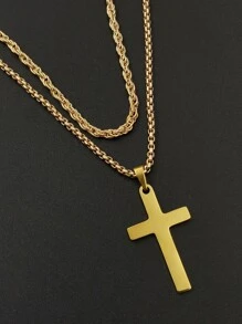 HOTNICE 2入組/套男士十字架吊飾項鍊龐克嘻哈風格,適用於首飾類禮品和派對 - 金黃色 - 查看 4
