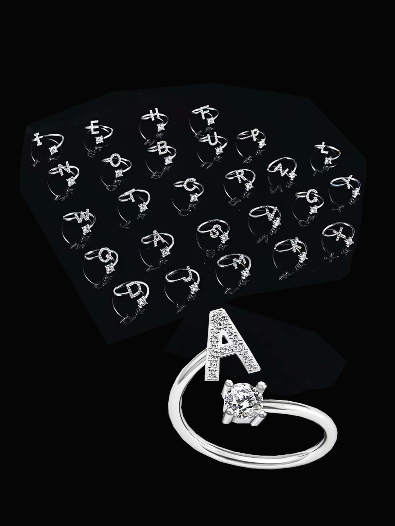 1入組心和字母裝飾戒指 - 銀色 - 查看 1