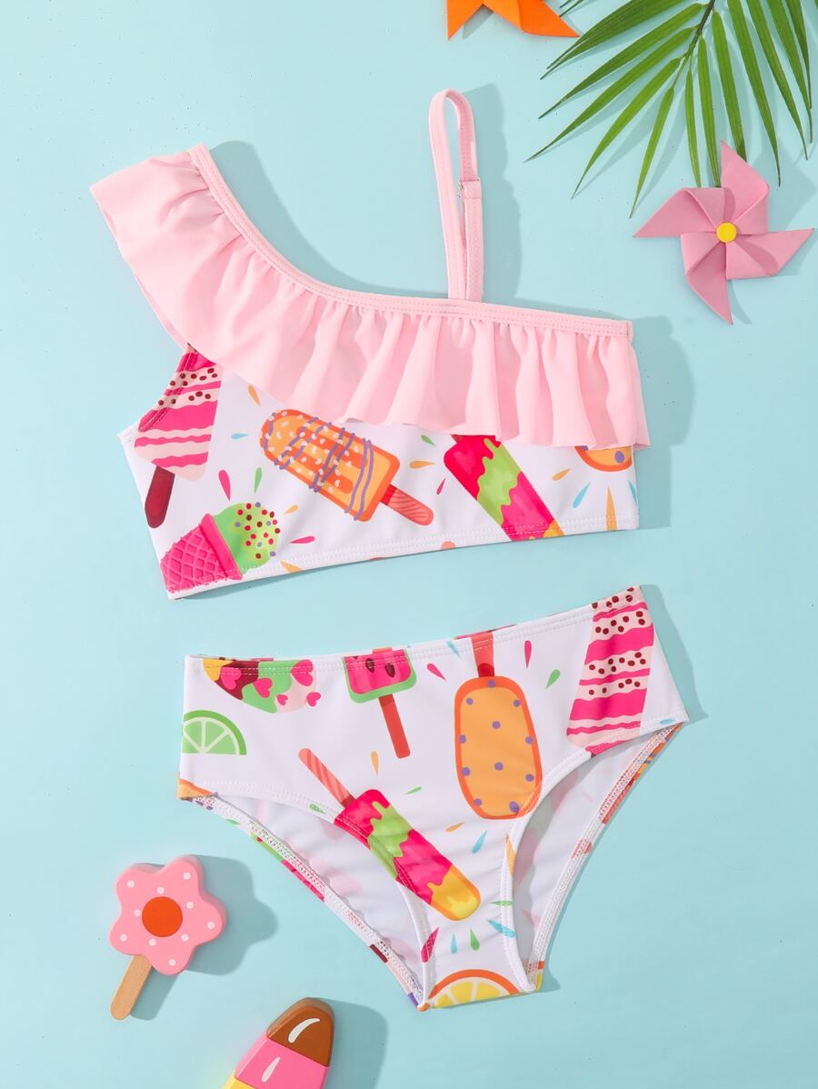 年轻女孩卡通图案荷叶边比基尼套装夏日海滩 - 彩色 - 查看 1