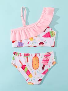 年轻女孩卡通图案荷叶边比基尼套装夏日海滩 - 彩色 - 查看 2