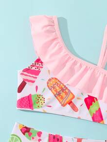 年轻女孩卡通图案荷叶边比基尼套装夏日海滩 - 彩色 - 查看 4