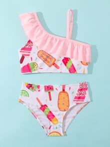 年轻女孩卡通图案荷叶边比基尼套装夏日海滩 - 彩色 - 查看 5