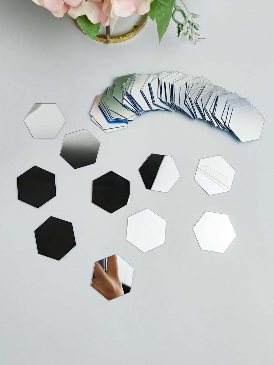 多尺寸组合装饰墙镜粘贴墙面3d塑料板装饰卧室浴室配件家居室内最佳礼物 - 銀色 - 查看 1