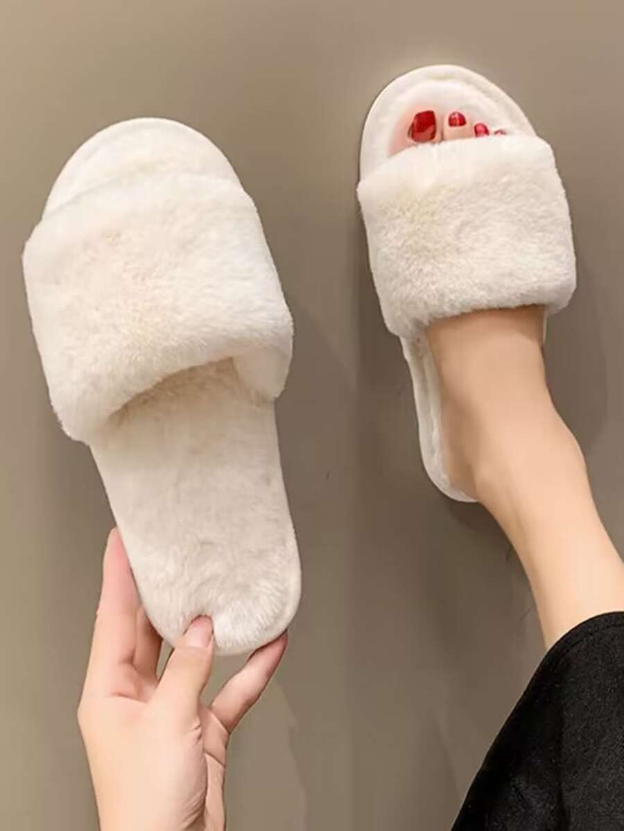 Fall/Winter Women Single Band Bedroom Slippers Knit Fashion Home Slippers White,Fluffy Slippers - White - View 1