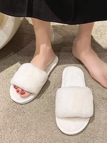 Fall/Winter Women Single Band Bedroom Slippers Knit Fashion Home Slippers White,Fluffy Slippers - White - View 4