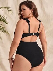 SHEIN Swim Curve Traje de baño de una pieza de punto acanalado con detalles de apliques para tallas grandes, para el verano - Negro - Ver 2