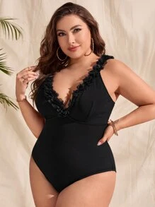 SHEIN Swim Curve Traje de baño de una pieza de punto acanalado con detalles de apliques para tallas grandes, para el verano - Negro - Ver 3