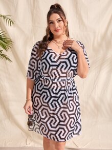 Plus Geo Print Cover Up Dress - Black and White - View 1