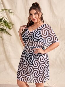 Plus Geo Print Cover Up Dress - Black and White - View 3
