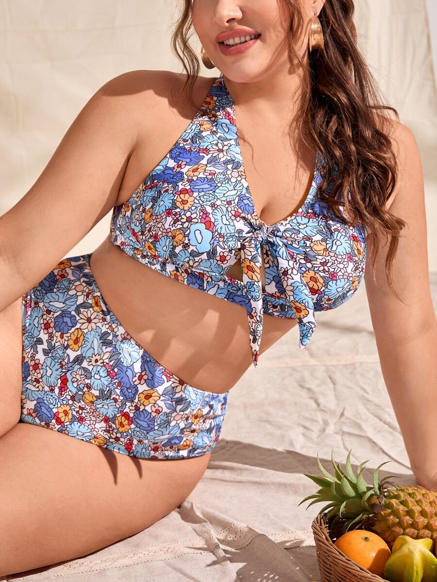 加大碼花卉印花打結前扣式頸部比基尼套裝，夏日沙灘 - 彩色 - 查看 1