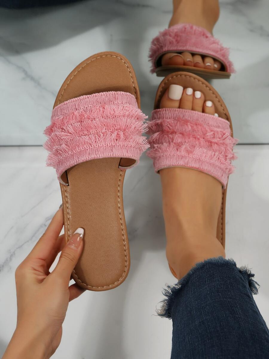 Women Ruffle Decor Slides Knot Flat Sandals Coral Pink - Coral Pink - View 1