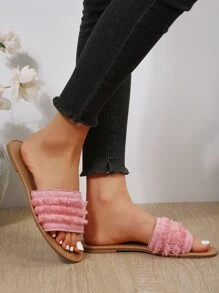 Women Ruffle Decor Slides Knot Flat Sandals Coral Pink - Coral Pink - View 3