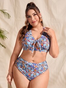 加大碼花卉印花打結前扣式頸部比基尼套裝，夏日沙灘 - 彩色 - 查看 4