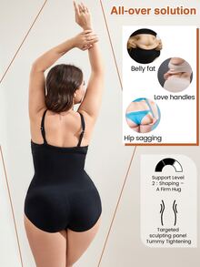 Plus Tummy Control Open Bust Butt-Lift Shapewear Bodysuit Without Bra - Black - View 4