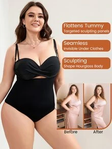 Plus Tummy Control Open Bust Butt-Lift Shapewear Bodysuit Without Bra - Black - View 3