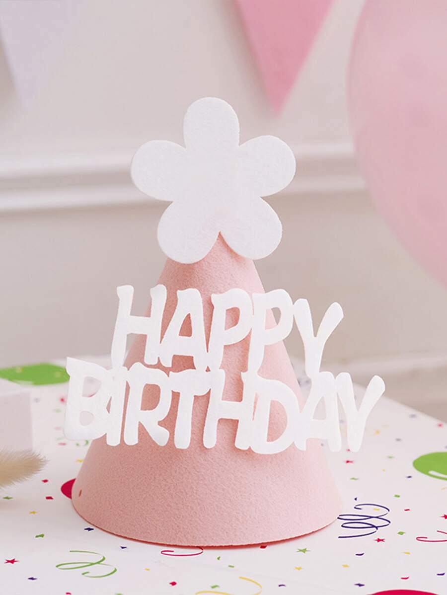 1pc Flower & Slogan Decor Party Hat, Simple Polyester Pink Letter Decor Pink Party Hat For Birthday Party - Pink - View 1