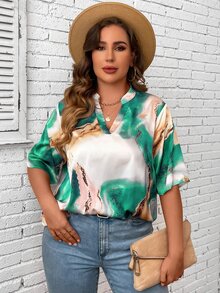 Calvaya Plus Tie Dye Print Notched Neck Blouse - Multicolor - View 5