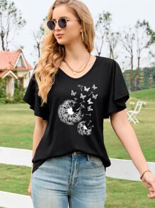 SHEIN LUNE Butterfly & Dandelion Print Butterfly Sleeve Tee - Black - View 1