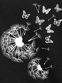 SHEIN LUNE Butterfly & Dandelion Print Butterfly Sleeve Tee - Black - View 5