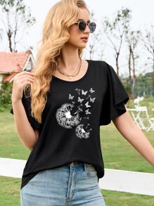 SHEIN LUNE Butterfly & Dandelion Print Butterfly Sleeve Tee - Black - View 6