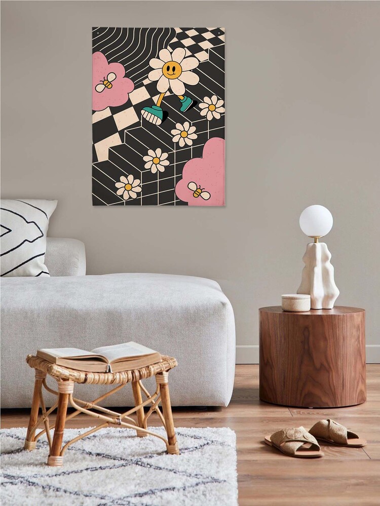 1pc Flower Pattern Tapestry, Cartoon Cute Fabric Wall Blanket For Home, Bedroom, All Season - Multicolor - View 4