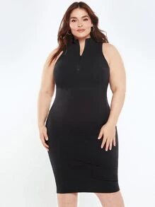 SHEIN BASICS Vestido Ajustado De Punto De Canalé Con Media Cremallera - Negro - Ver 3