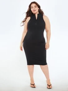 SHEIN BASICS Vestido Ajustado De Punto De Canalé Con Media Cremallera - Negro - Ver 5