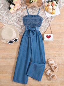 女孩胸部褶皺腰帶吊帶連體褲 - 藍色 - 查看 1