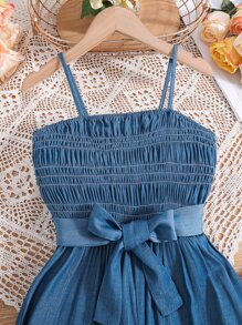 女孩胸部褶皺腰帶吊帶連體褲 - 藍色 - 查看 3