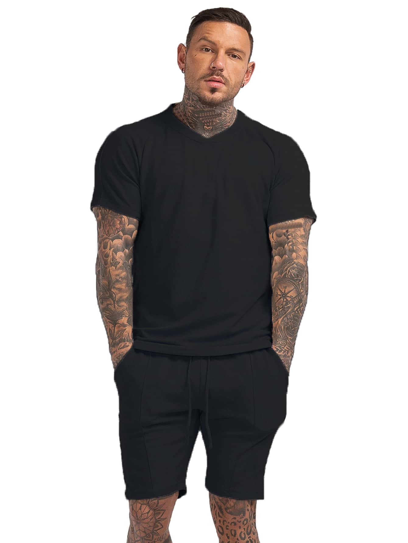 男性 無地柄Tシャツ & ドローストリングウエスト ショートパンツ PJセット - ブラック - 見る 1