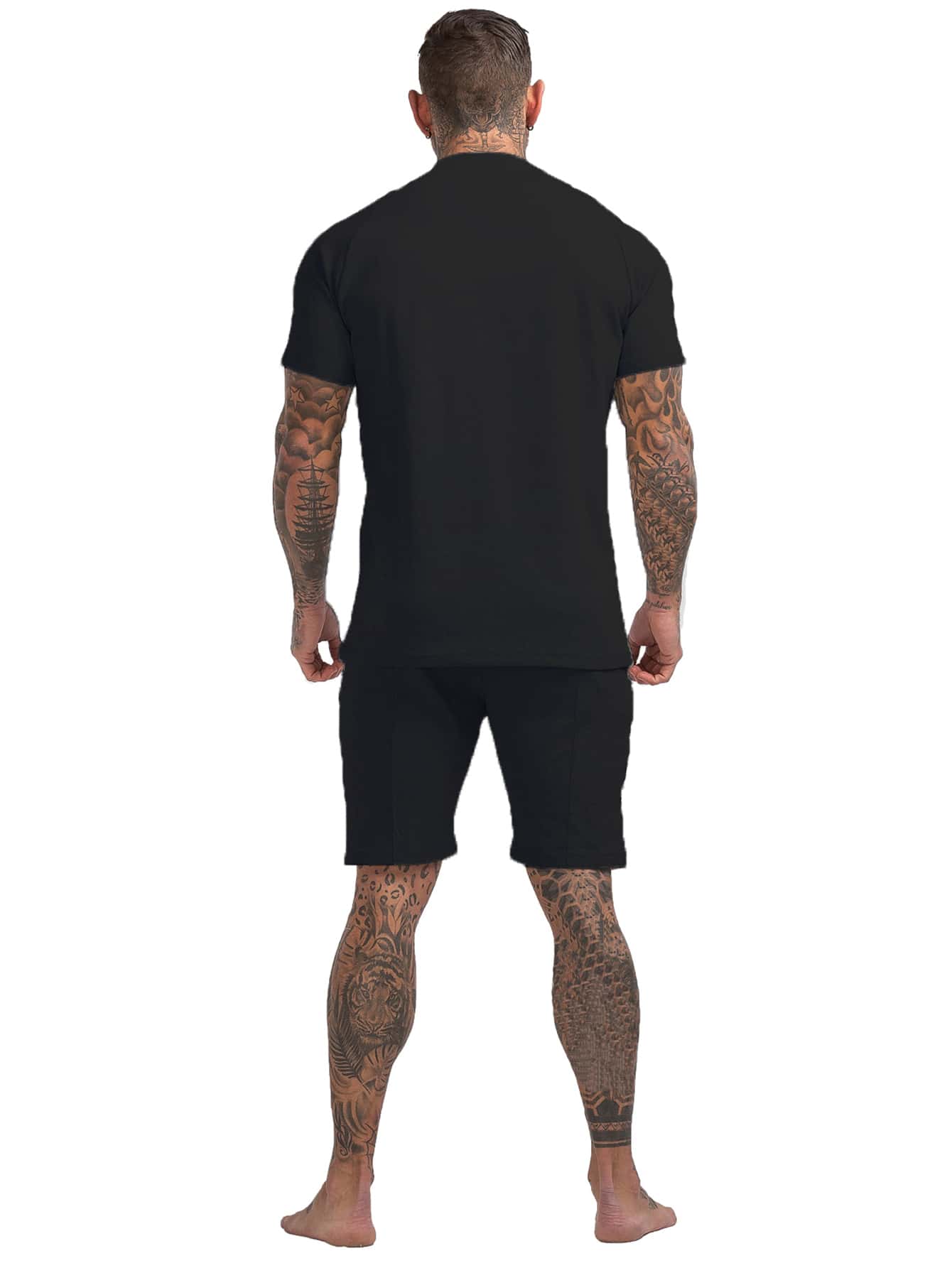 男性 無地柄Tシャツ & ドローストリングウエスト ショートパンツ PJセット - ブラック - 見る 2