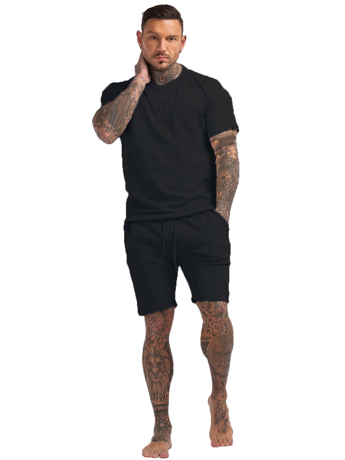 男性 無地柄Tシャツ & ドローストリングウエスト ショートパンツ PJセット - ブラック - 見る 3