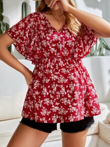 SHEIN 孕婦碎花蝴蝶袖荷葉邊下擺襯衫