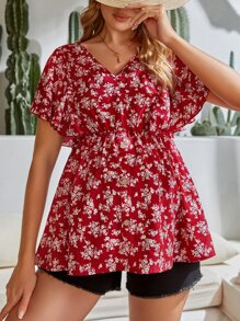 SHEIN 孕婦碎花蝴蝶袖荷葉邊下擺襯衫