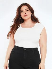 SHEIN BASICS Plus Solid Square Neck Raglan Sleeve Tee - White - View 4