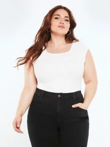 SHEIN BASICS Plus Solid Square Neck Raglan Sleeve Tee - White - View 5