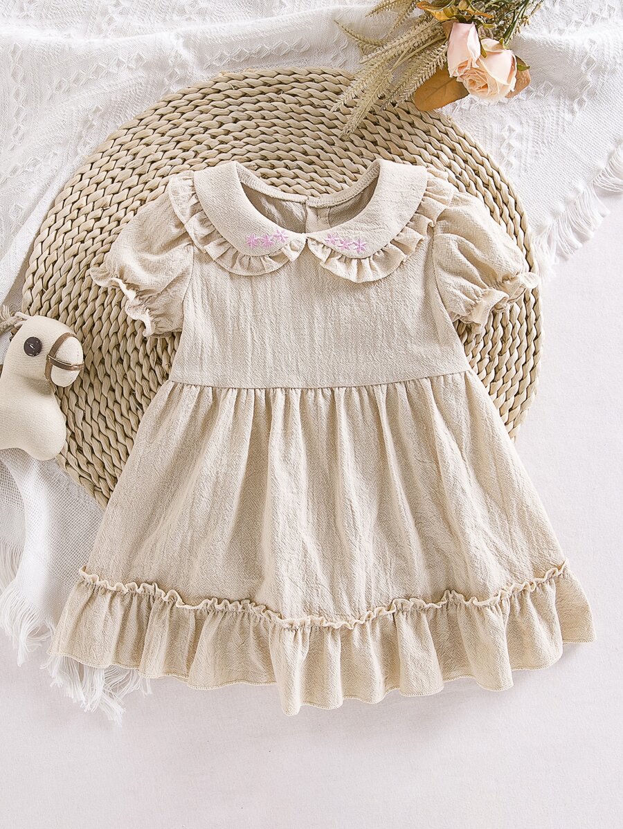 Bebé Vestido de cuello bobo bajo con fruncido - Albaricoque - Ver 1