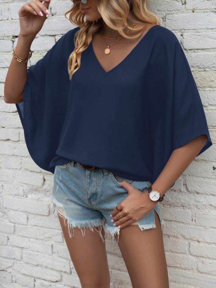EMERY ROSE Solid Batwing Sleeve V Neck Blouse - Navy Blue - View 1