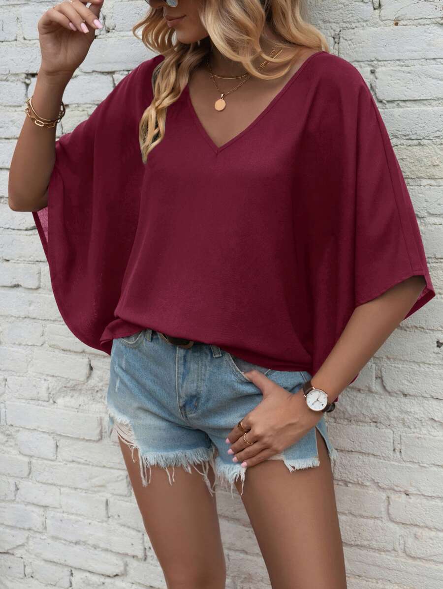 SHEIN LUNE 素色蝙蝠袖V領襯衫 - 紅色 - 查看 1