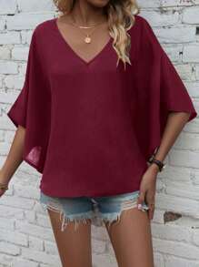 SHEIN LUNE 素色蝙蝠袖V領襯衫 - 紅色 - 查看 3