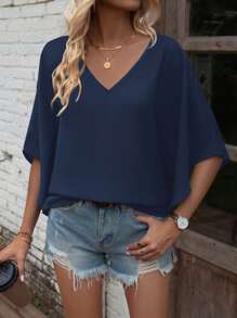 EMERY ROSE Blusa unicolor de manga murciélago de cuello V