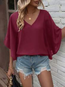 SHEIN LUNE 素色蝙蝠袖V領襯衫 - 紅色 - 查看 5