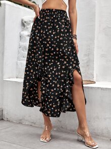 SHEIN VCAY Ditsy Floral Print Asymmetrical Ruffle Hem Skirt - Black - View 1