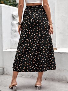 SHEIN VCAY Ditsy Floral Print Asymmetrical Ruffle Hem Skirt - Black - View 2