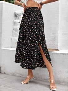 SHEIN VCAY Ditsy Floral Print Asymmetrical Ruffle Hem Skirt - Black - View 3
