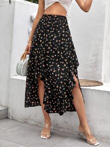 SHEIN VCAY Ditsy Floral Print Asymmetrical Ruffle Hem Skirt - Black - View 4